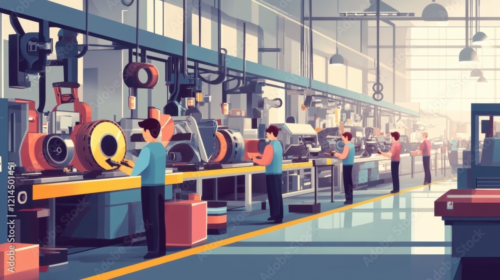 Poster a row of workers assembling car parts on a production line in a bustling factory environment.