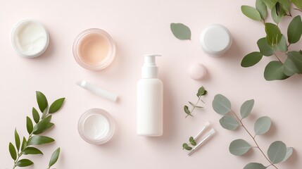 Flat lay of natural skincare products and green leaves on a pastel background for beauty spa concepts.