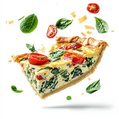 A slice of spinach and tomato quiche is airborne