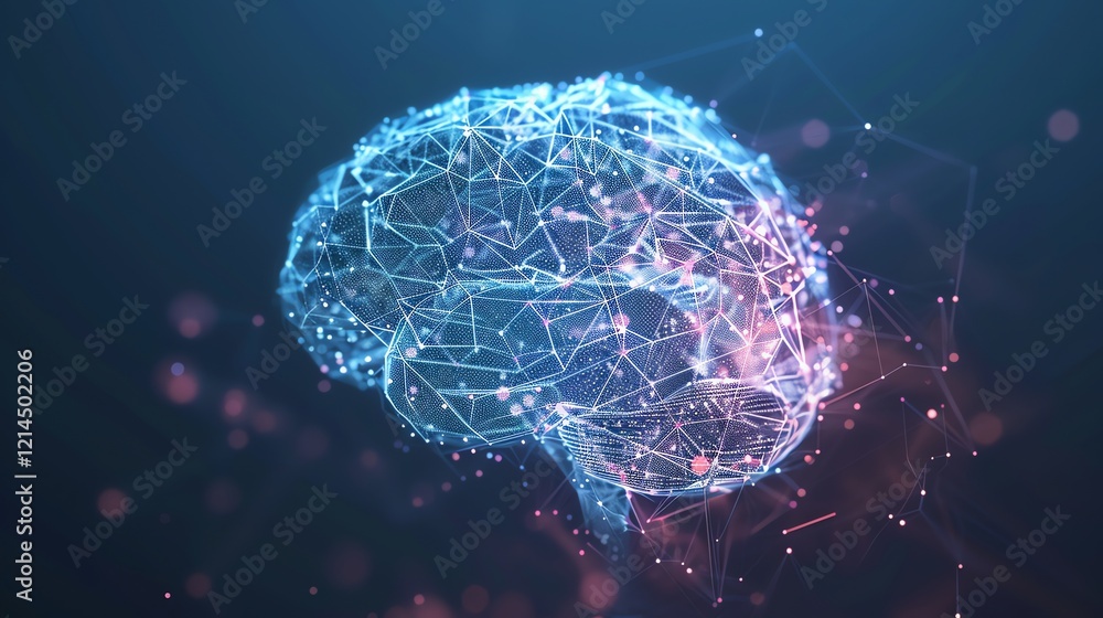 Poster a digital rendering of a brain made up of connected lines and dots.