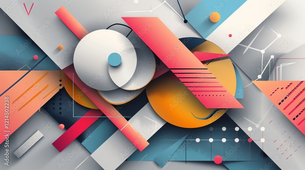 Poster a colorful abstract geometric design with circles, rectangles, and lines.