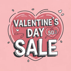 Valentine day  sale banner with up to 50% off in a cartoon style and decorated with heart elements and fun decorative strokes. Holiday discount sale offer in a love theme with soft pastel colors.