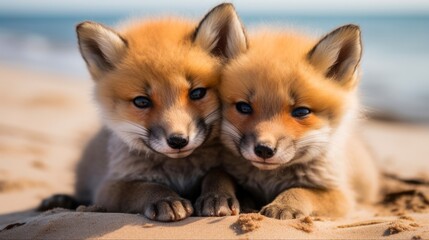 Obraz premium Cute Baby Red Foxes Cuddling at the Beach - Furry Family of Two Fox Friends Enjoying the Scenery in Nova Scotia, Canada