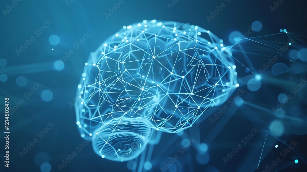 Poster a digital rendering of a brain made up of connected lines and dots.