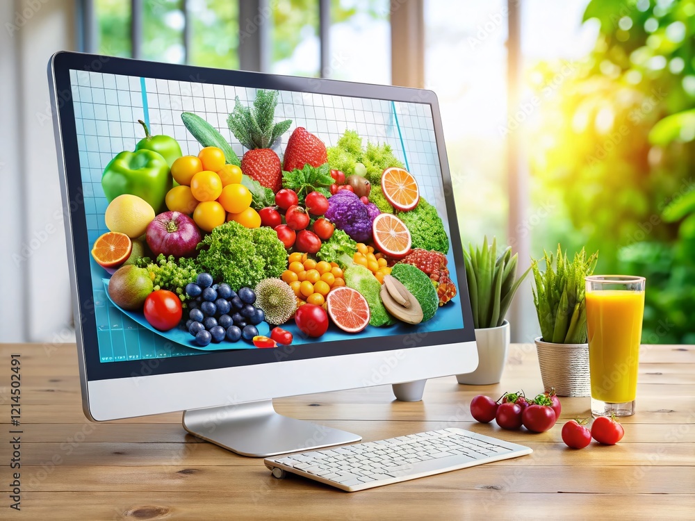 Poster modern ui design with colorful fruit & vegetable data visualization on computer screen