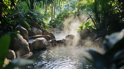 Fototapeta premium A serene moment at a hot spring spa, with steam rising and rocks surrounded by lush greenery.