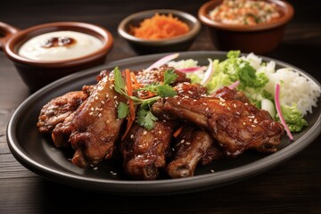 Fototapeta premium Delicious Crispy Fried Galbi Chicken Wings with Kimchi, Rice and Pickled Radish - A Korean Cuisine Delight