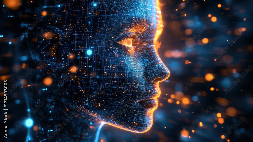 Aufkleber mans face illuminated with glowing lines and dots against a dark background representing technology 