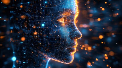 Obraz premium Mans face illuminated with glowing lines and dots against a dark background representing technology and innovation