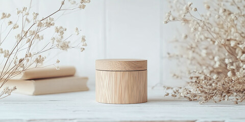 A wooden jar placed on a white wooden table surrounded by delicate dried flowers, evoking natural simplicity and eco-friendly lifestyle themes.