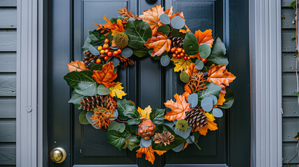 Autumn wreath with vibrant leaves on a front door