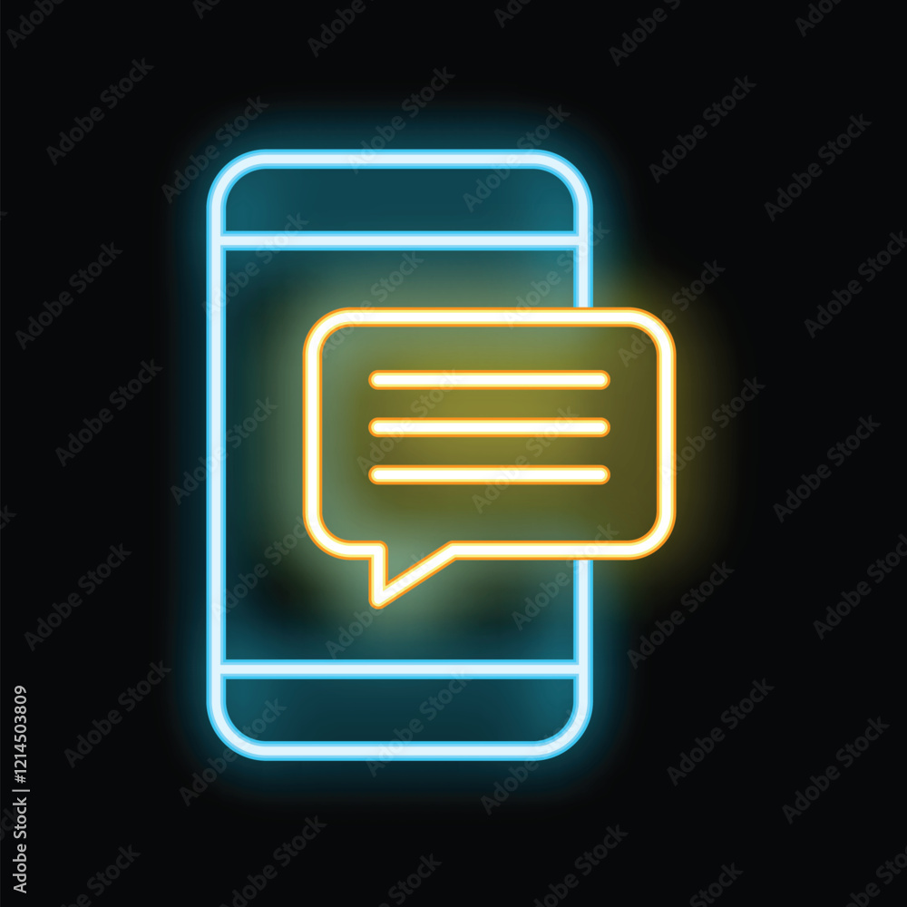 Poster glowing neon line icon of a smartphone with a new incoming message notification, concept of mobile m