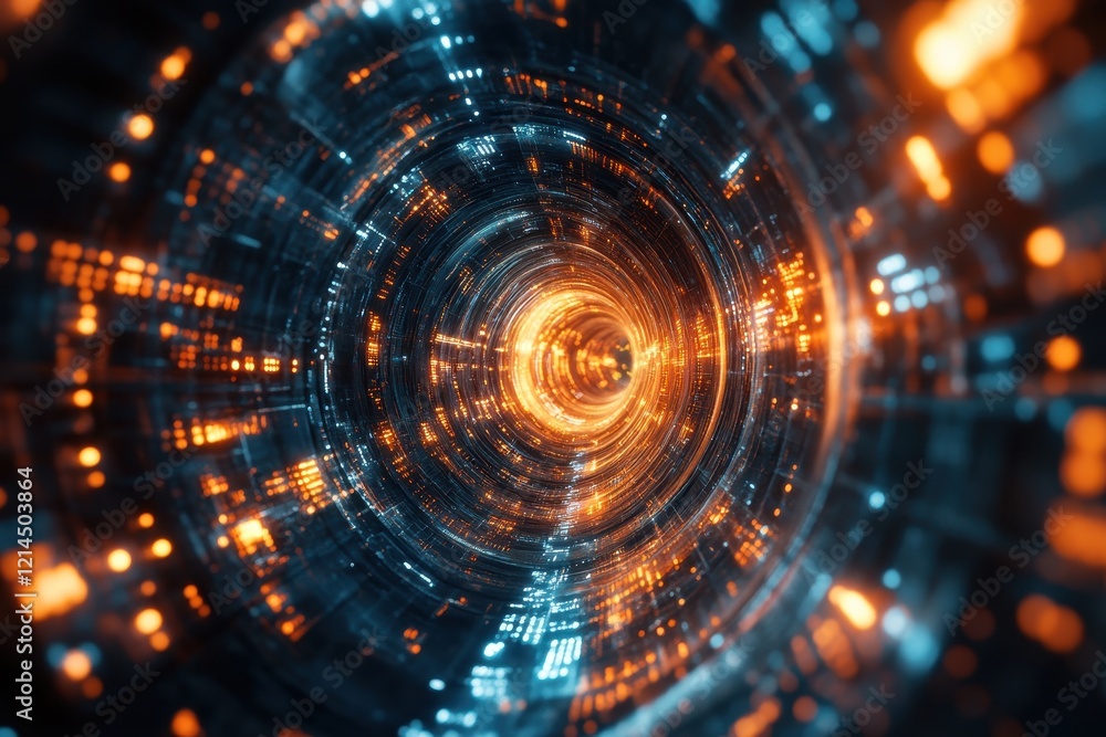 Poster circular tunnel illuminated by glowing lights creating a futuristic atmosphere for transportation or