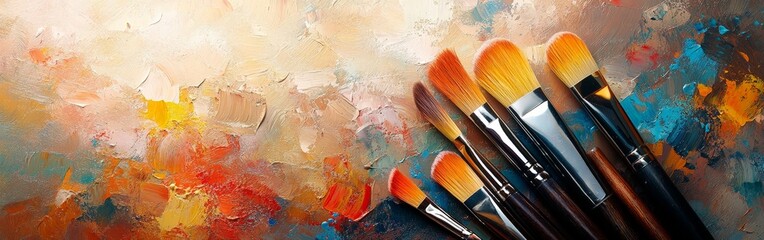 Fototapeta premium Makeup brushes spreading vibrant colors on a minimal background, perfect for beauty campaigns, cosmetics branding, and creative design projects.