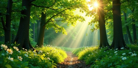 Obraz premium Summer forest scene with sunlight filtering through leaves, greenery, summer, wild