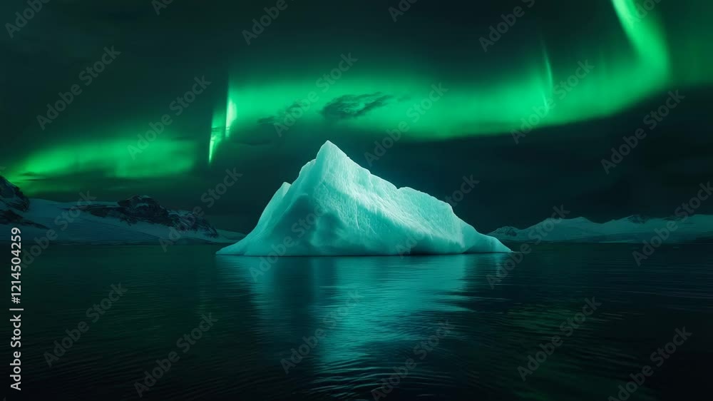 Poster floating majestically, an iceberg rests in tranquil waters, illuminated by the enchanting glow of th