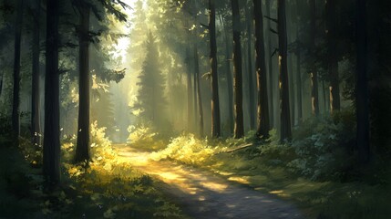 Obraz premium Sunlit Forest Path Magical Woods Nature Trail