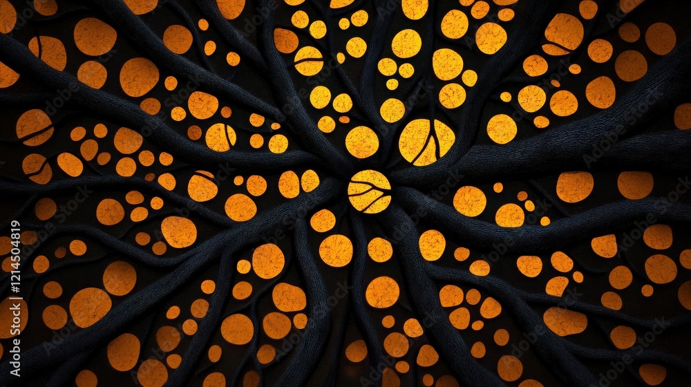 Poster abstract dots on black fabric: a captivating abstract pattern of luminous orange dots scattered acro