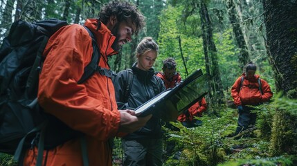 A team of researchers collecting data on environmental changes in a forest for earth sciences studies.