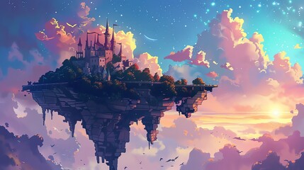 A cartoon style floating island with a castle on top.