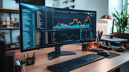 A widescreen monitor displaying financial charts and stock data in a modern office setting, highlighting market analysis and trading insights.