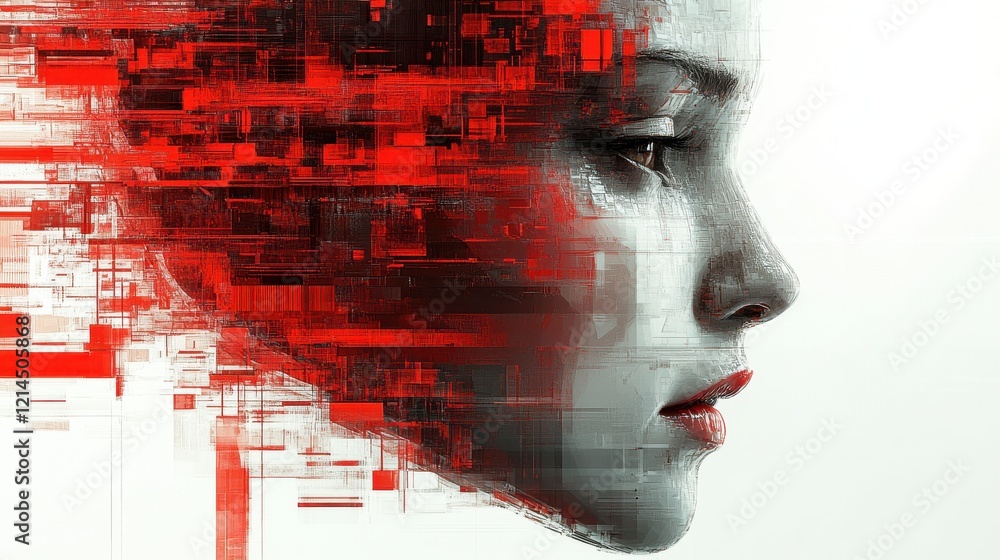 Poster womans face in close-up with a vibrant red and white background highlighting her features and expres