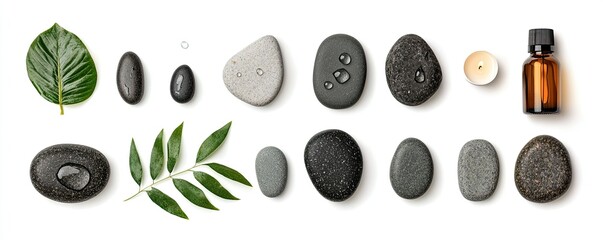 Naklejka premium Smooth stones leaves candle and essential oil bottle arrangement