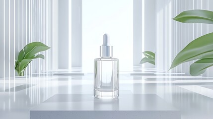 Elegant glass serum bottle in a minimalist white space with green leaf accents, reflecting a serene and modern skincare ambiance.