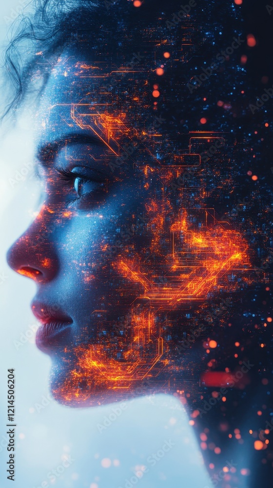 Poster womans face with digital background in abstract design and colorful patterns