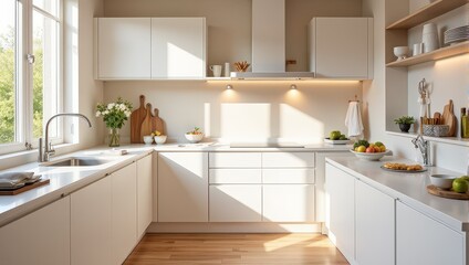 Fototapeta premium Eye-level view of a serene kitchen with pristine white cabinets and countertops, featuring a charming window framing verdant trees. Wooden cutting boards rest gracefully beside, enhancing the cozy amb