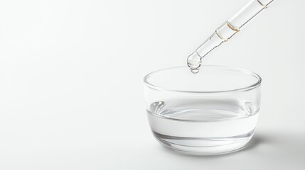 Clear dropper releasing liquid into glass cup on white background, symbolizing precision and purity in scientific experiments.