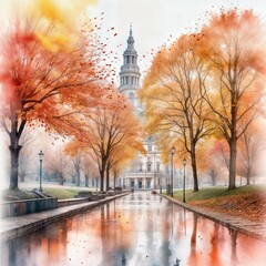 Autumn leaves dance in the crisp air along a tranquil path leading to an elegant historic building. Generative AI