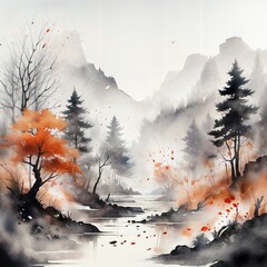 Enchanted autumn landscape with misty mountains and vibrant foliage beside a tranquil river at sunrise. Generative AI