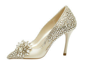 Elegant high heeled shoe adorned with sparkling rhinestones and floral design, perfect for special occasions and formal events