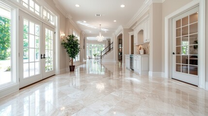 Luxurious home interior hallway, marble floor, natural light, showcasing elegant design, ideal for real estate listings