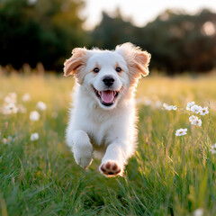 A playful puppy running through a grassy field with fresh flowers blooming around it, capturing the joy of springtime.