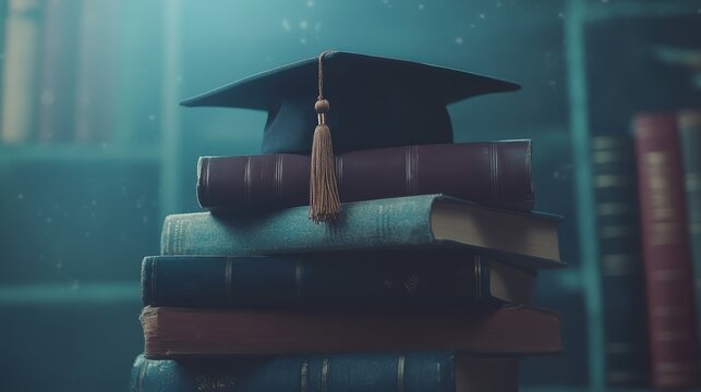 A stack of books with a graduation cap on top, symbolizing academic success and knowledge.