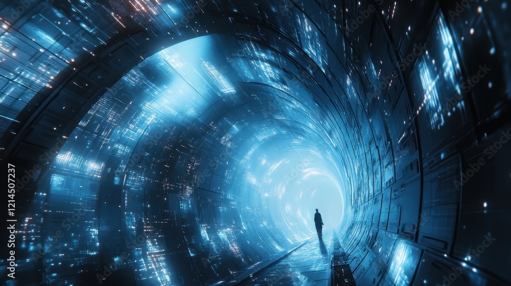 Poster man standing in a tunnel of light with bright rays illuminating the surroundings