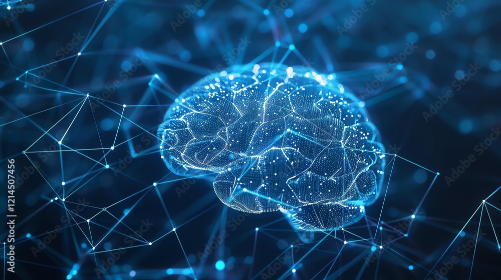 Poster a 3d rendered brain made up of connected lines and dots.