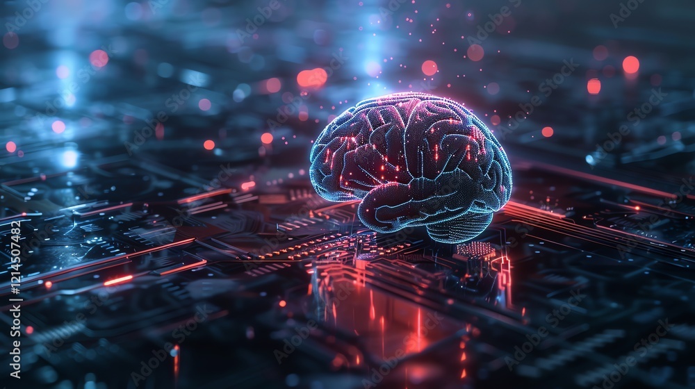 Poster a 3d rendered digital brain hovering above a circuit board.