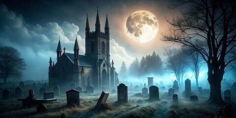 Naklejka premium Mysterious Moonlit Graveyard: Gothic Church Silhouette, Fog, Tombstones, Full Moon - Minimalist Stock Photo