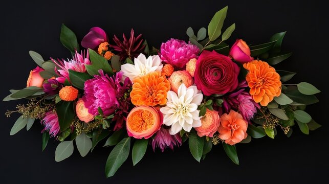 Vibrant and Lush Botanical Centerpiece Featuring a Captivating Arrangement of Seasonal Flowers Like Roses Dahlias and Peonies in a Natural and Elegant Composition