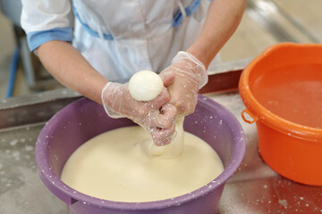 Person wearing glove is shaping fresh cheese in dairy facility using traditional methods. Utensils are visible in background, highlighting process