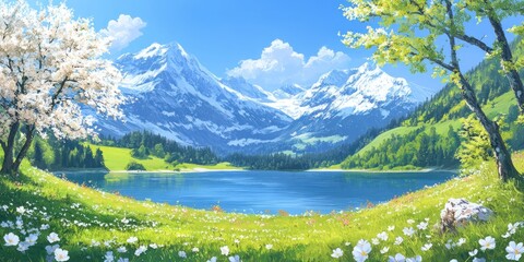 Serene Alpine Lake Springtime Blossoms Mountain Vista