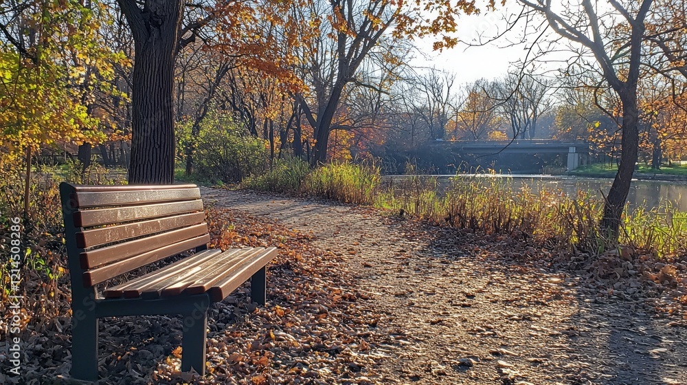 Poster a charming park bench sits on a peaceful path illuminated by sunlight, surrounded by vibrant trees a