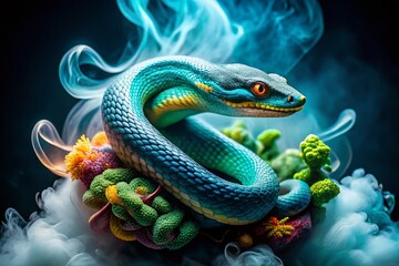 Fototapeta premium Mystical Azure Serpent: Macro Food Photography with Edible Smoke