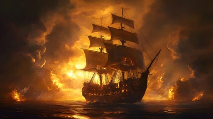 Obraz premium Galleon Ship in Fiery Sunset Dramatic Ocean Scene