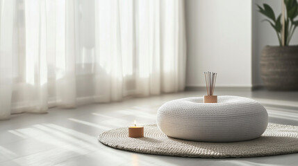 A meditation cushion with a small candle and incense, on a minimalist floor