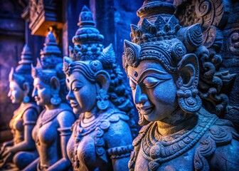 Mystical Balinese Statues in Low Light:  Serene Nighttime Temple Scene