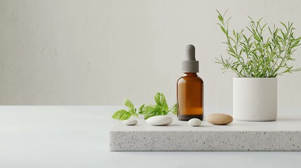 Minimalist scene with essential oil bottle, fresh herbs, and smooth stones for relaxation and natural beauty.